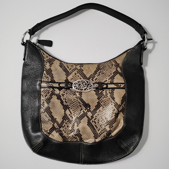 Vintage Brighton Black Pebbled Leather w/Phython Embossed Hobo Medium Black Bag - Picture 1 of 14